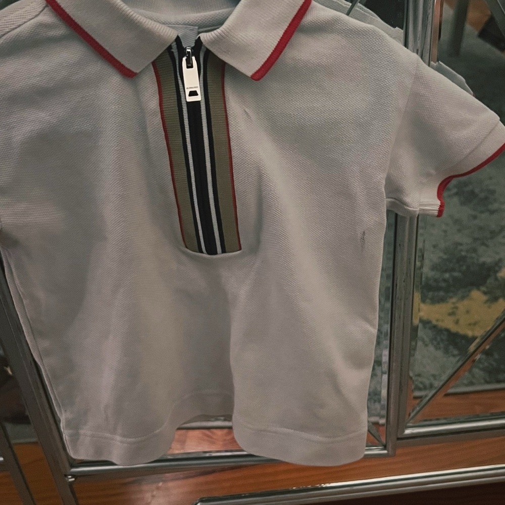 Kids White Polo Style Burberry Shirt with Red Trim